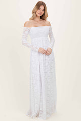 White Floral Lace Long Sleeve Off Shoulder Maxi Dress
