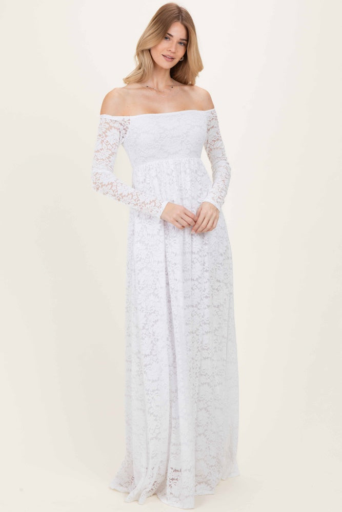 woman wearing a white off-the-shoulder long sleeve lace maxi dress
