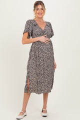 Black Floral Twist Front Cut Out Maternity Midi Dress