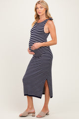 Oatmeal Striped Knit Shoulder Tie Maternity Maxi Dress