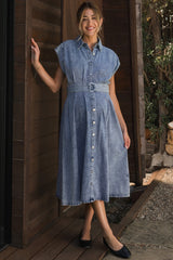 Denim Button Front Maternity Midi Dress