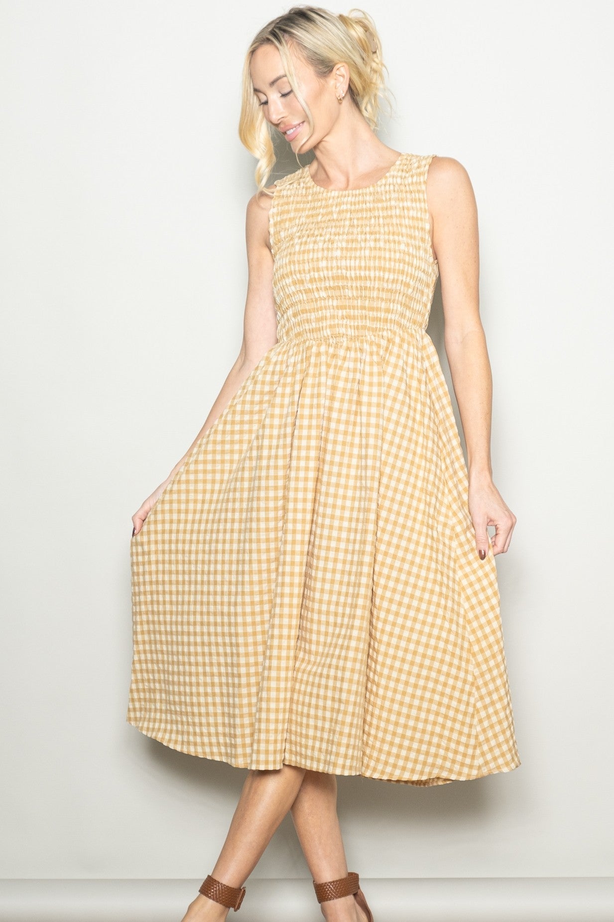 Yellow Gingham Smocked Sleeveless Midi Dress
