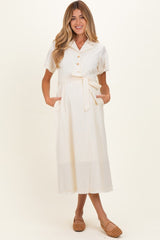 Beige Button Down Frayed Maternity Midi Dress