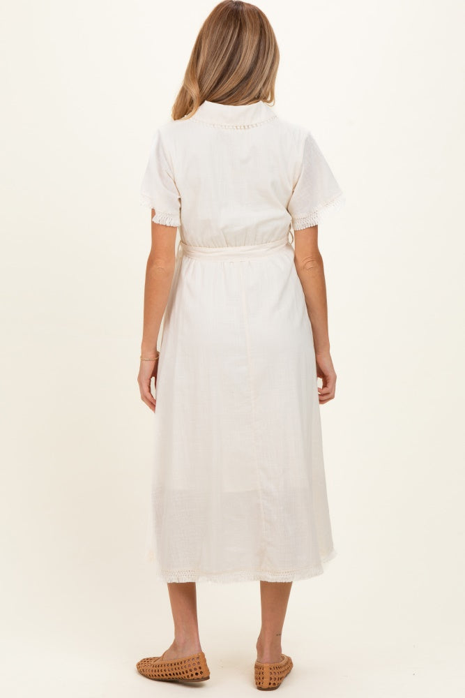 Beige Button Down Frayed Maternity Midi Dress