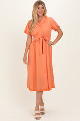 Salmon Button Down Frayed Midi Dress