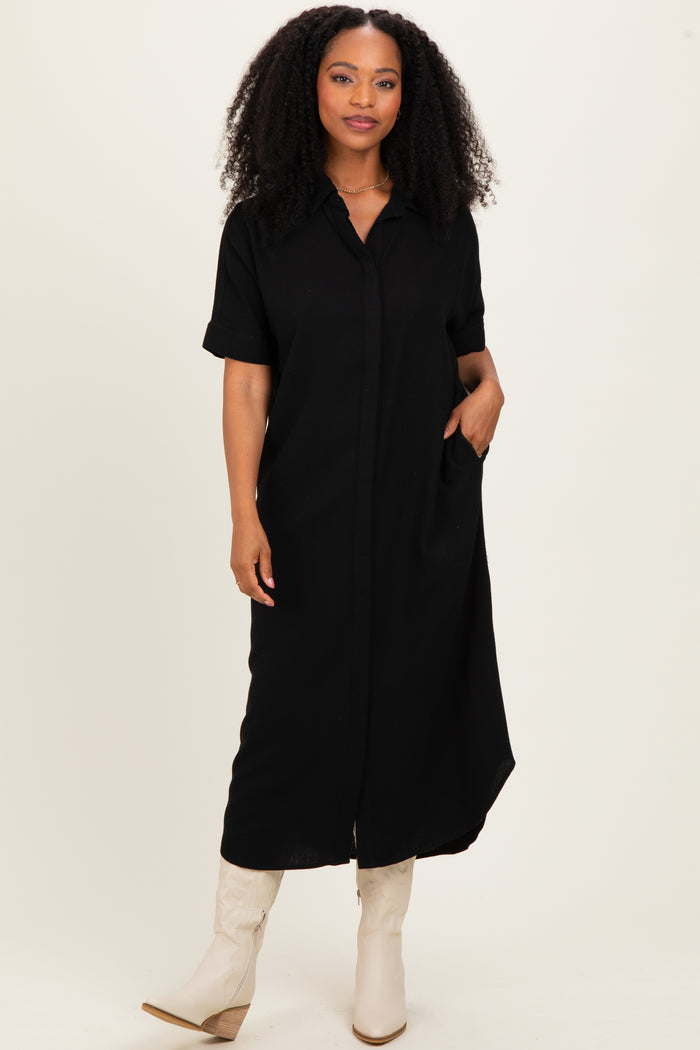 Black Button Down Maternity Midi Shirt Dress