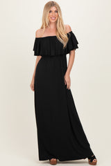 Black Ruffle Off Shoulder Maternity Maxi Dress