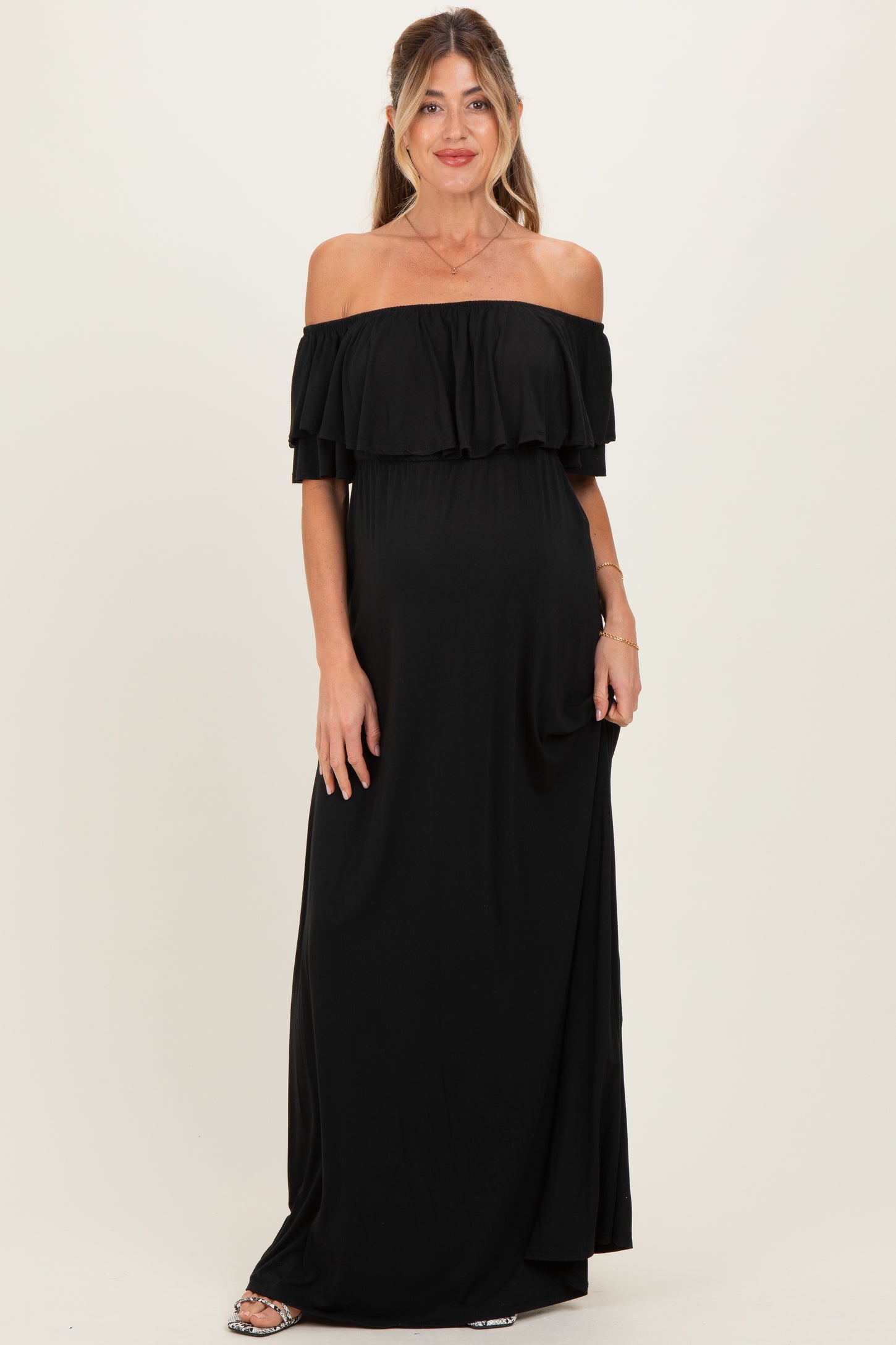 Black Ruffle Off Shoulder Maternity Maxi Dress