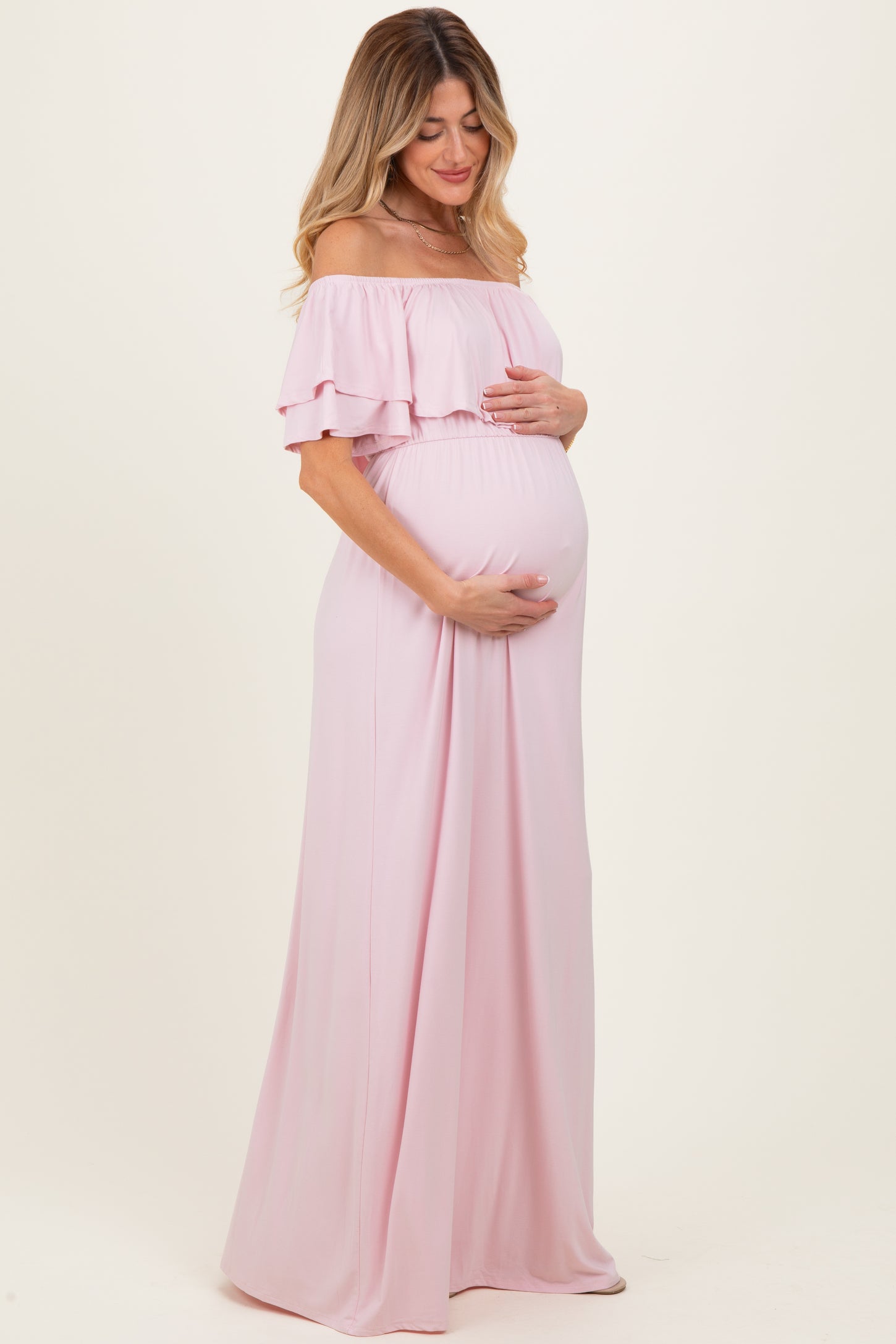 Light Pink Ruffle Off Shoulder Maternity Maxi Dress