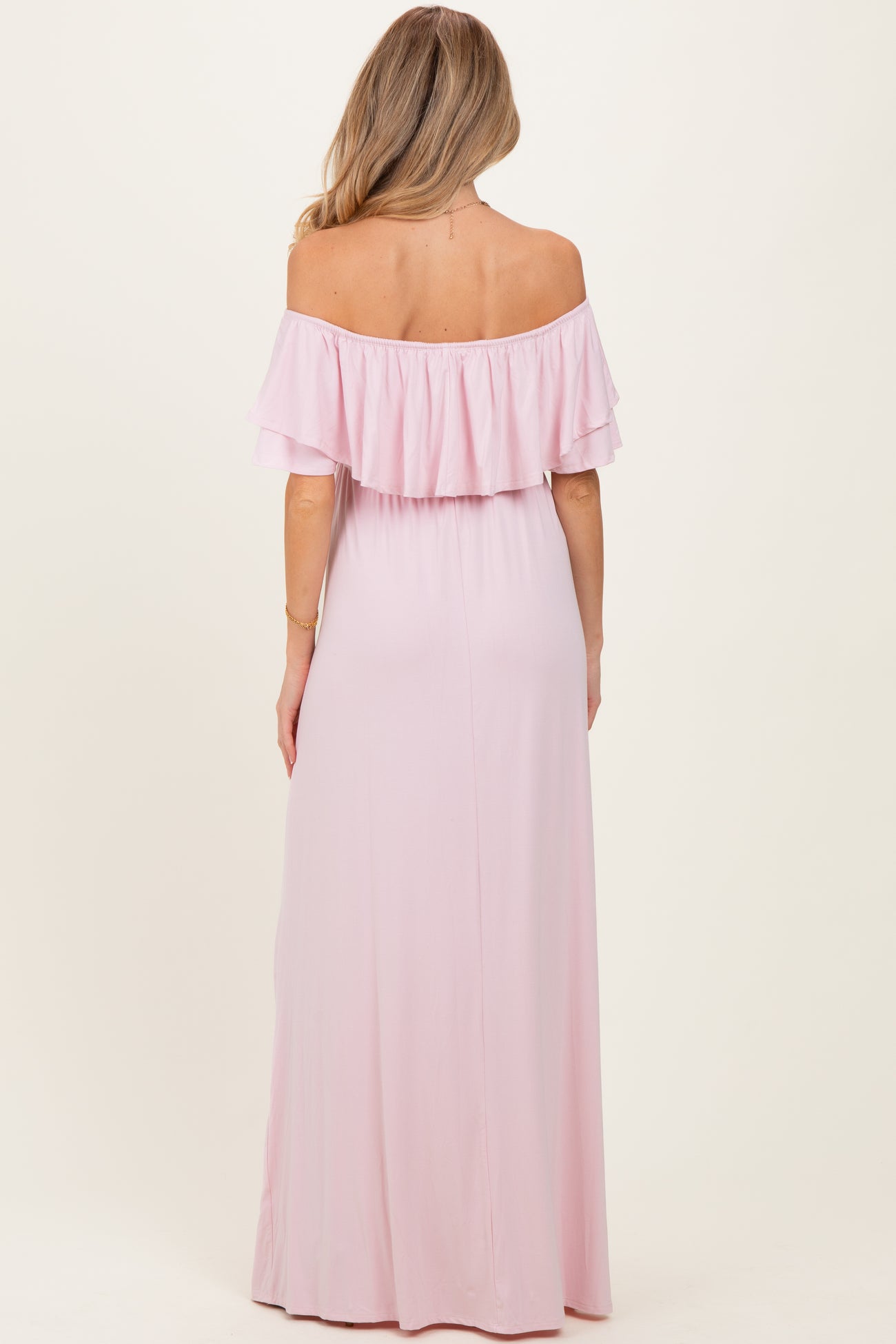 Light Pink Ruffle Off Shoulder Maternity Maxi Dress