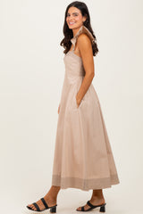 Beige Cutout Seam Detail Midi Dress