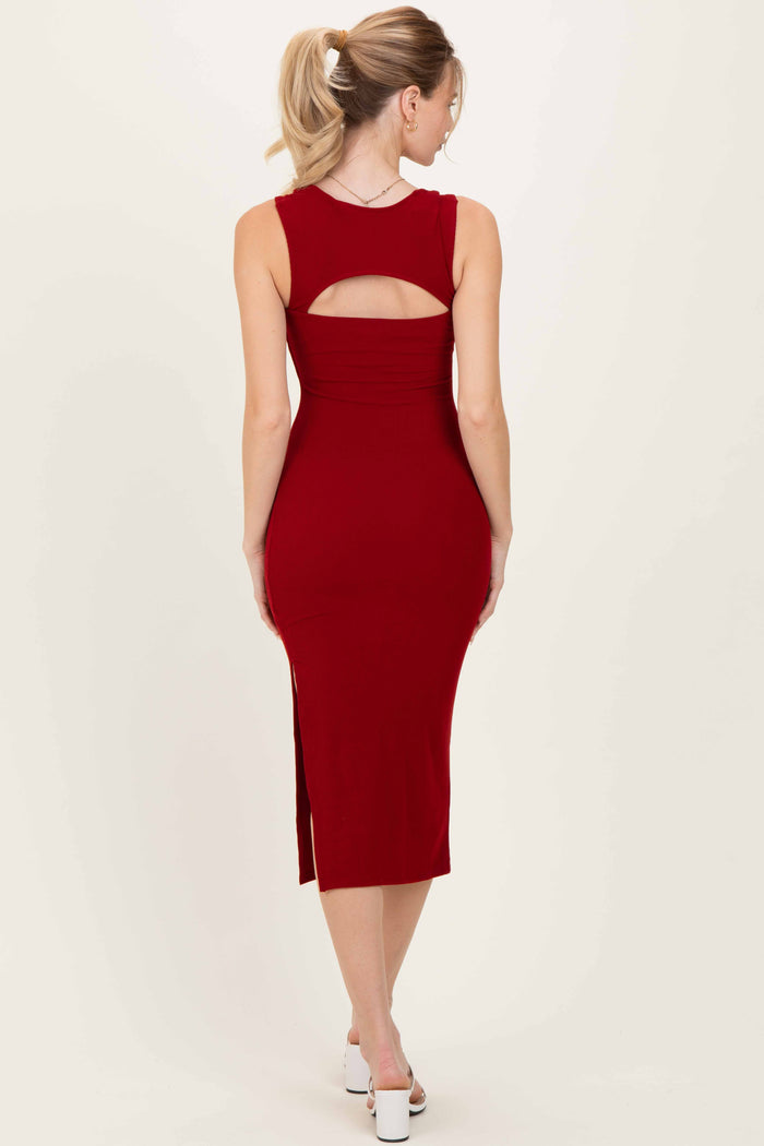 Burgundy Cutout Fitted Midi Dress