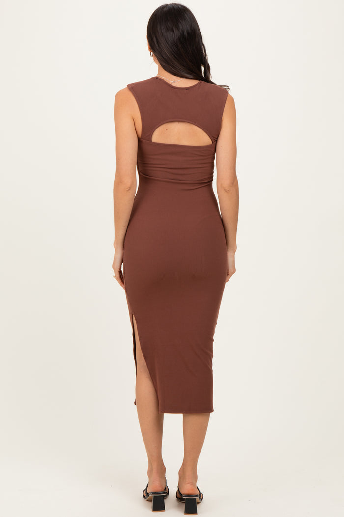 Brown Cutout Fitted Midi Dress