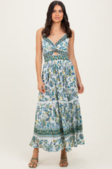 Ivory Floral Twisted Front Lace Detail Maxi Dress