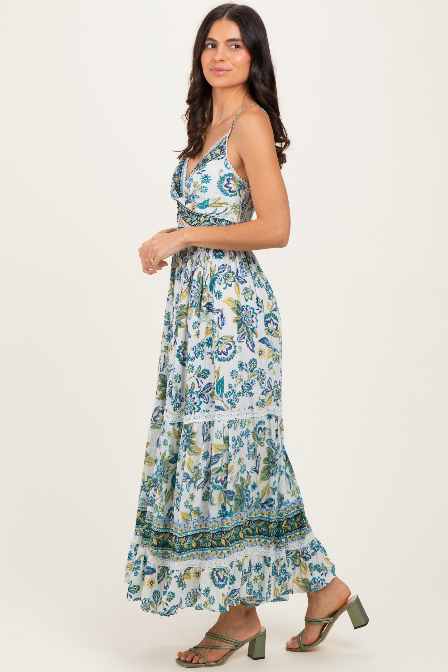 Ivory Floral Twisted Front Lace Detail Maxi Dress