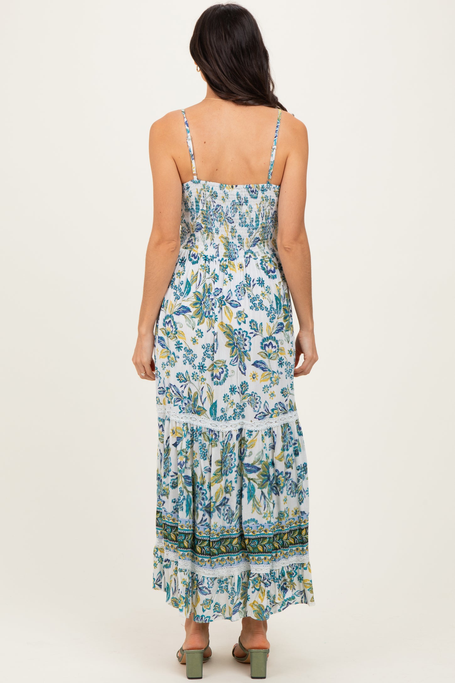 Ivory Floral Twisted Front Lace Detail Maxi Dress
