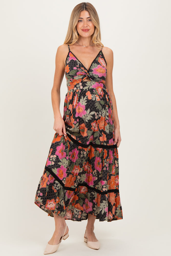 Black Floral Twisted Front Lace Detail Maternity Maxi Dress