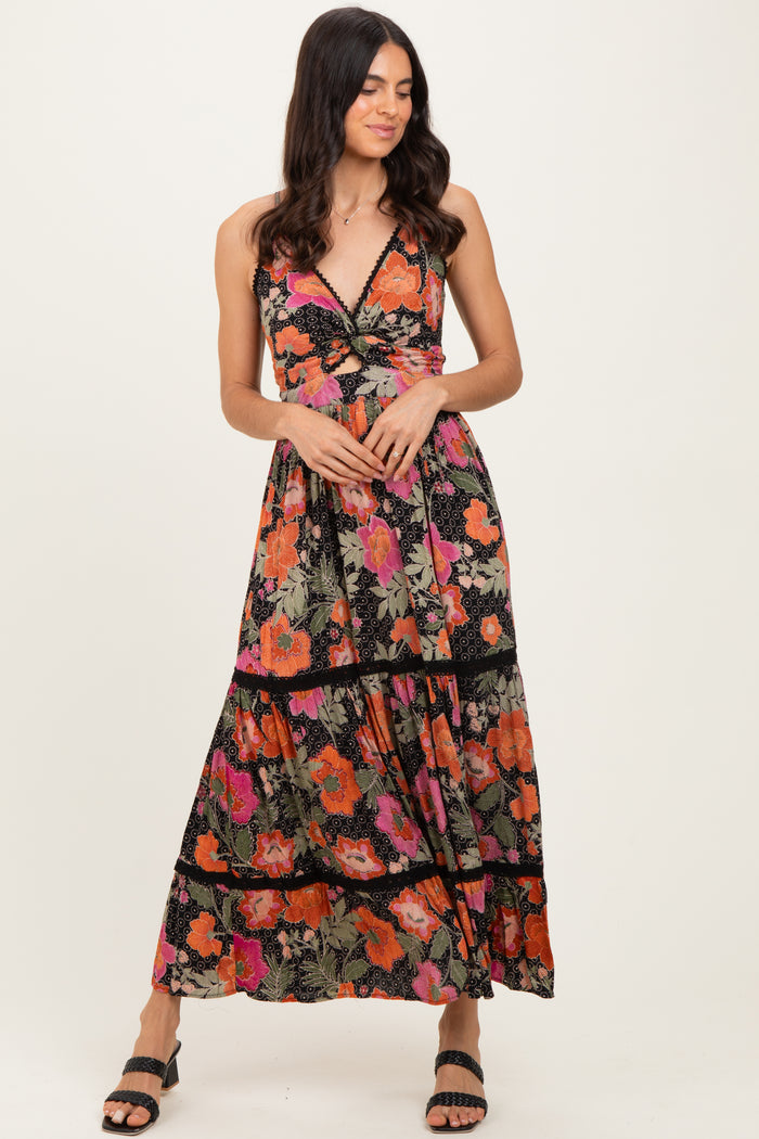 Black Floral Twisted Front Lace Detail Maternity Maxi Dress