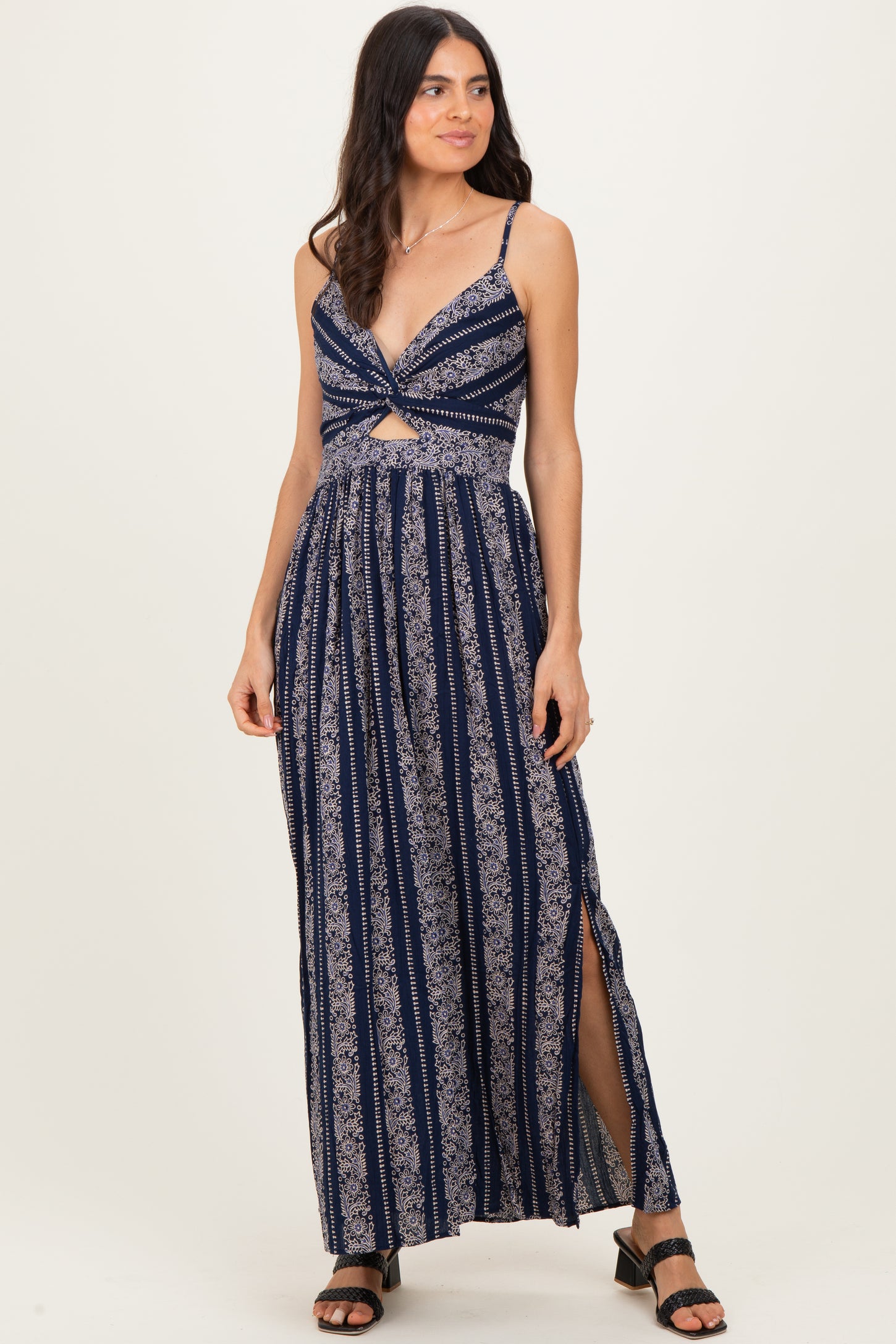 Navy Floral Stripe Twisted Front Maxi Dress