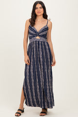 Navy Floral Stripe Twisted Front Maxi Dress