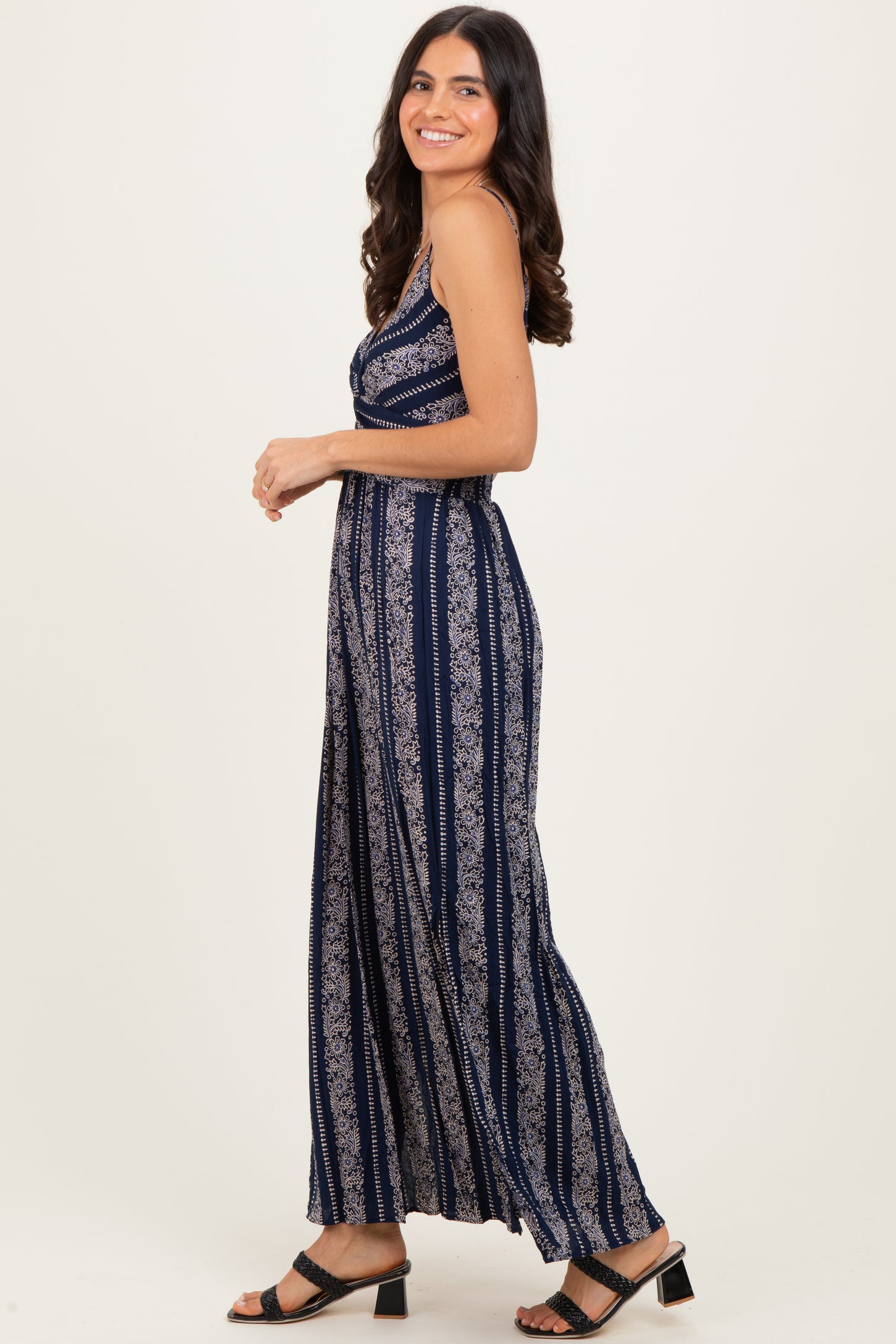 Navy Floral Stripe Twisted Front Maxi Dress