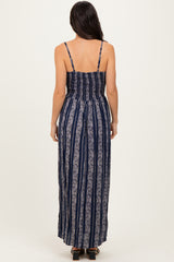 Navy Floral Stripe Twisted Front Maxi Dress