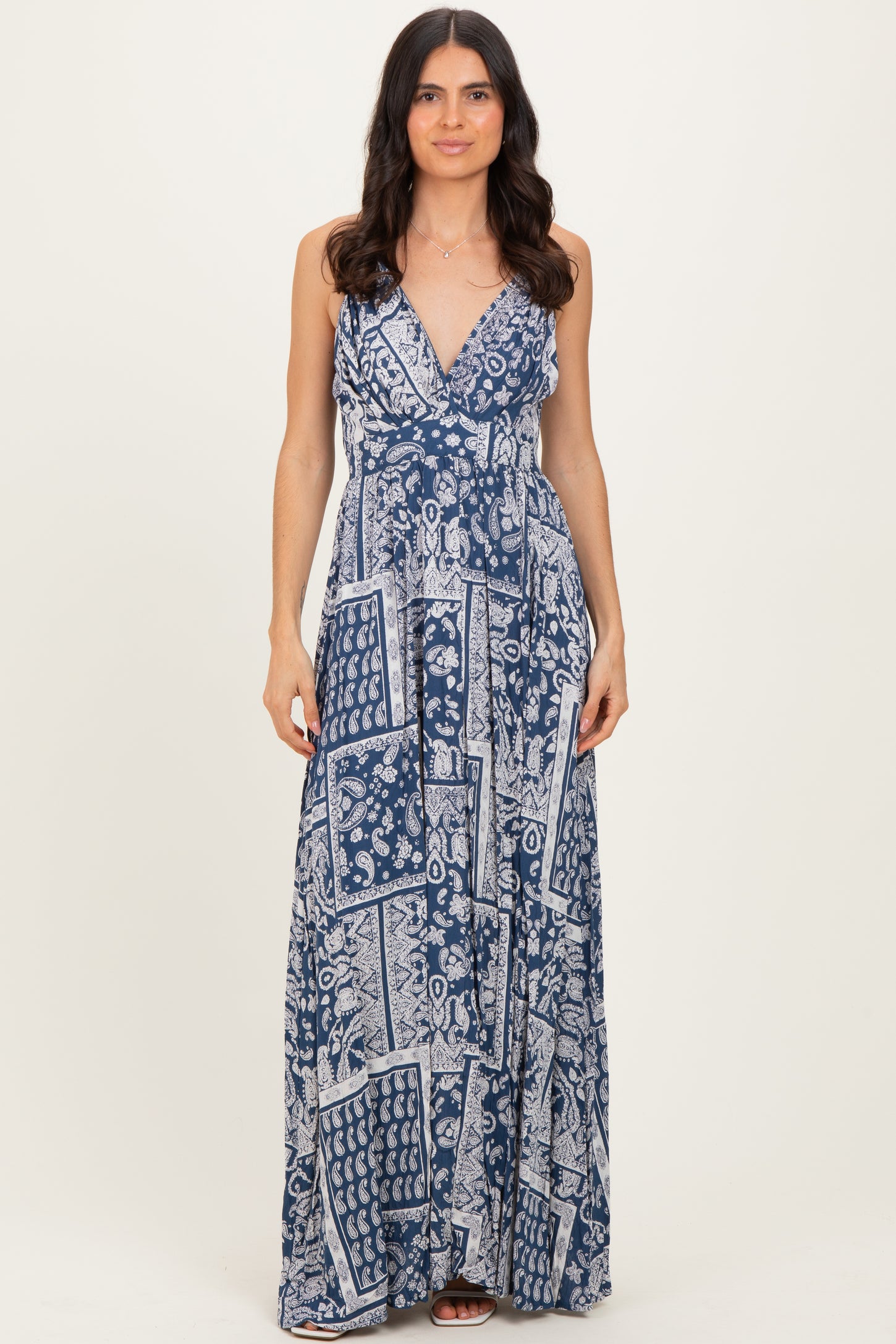 Navy Printed Crisscross Back Maxi Dress