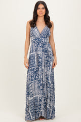 Navy Printed Crisscross Back Maxi Dress