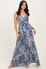 Navy Printed Crisscross Back Maxi Dress