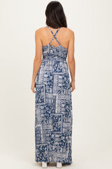Navy Printed Crisscross Back Maxi Dress