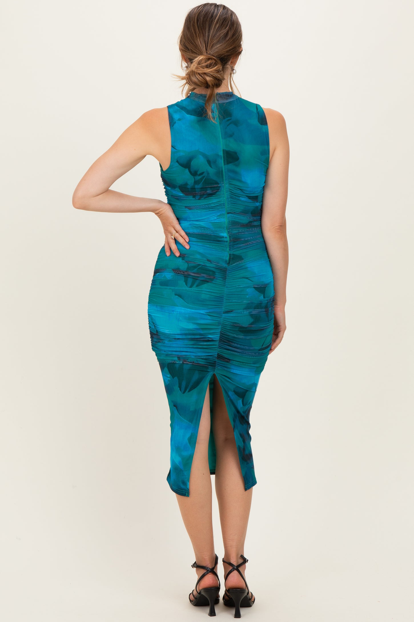 Turquoise Floral Mock Neck Ruched Maternity Midi Dress