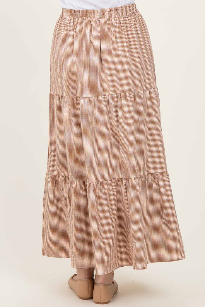 Taupe Gingham Tiered Maxi Skirt