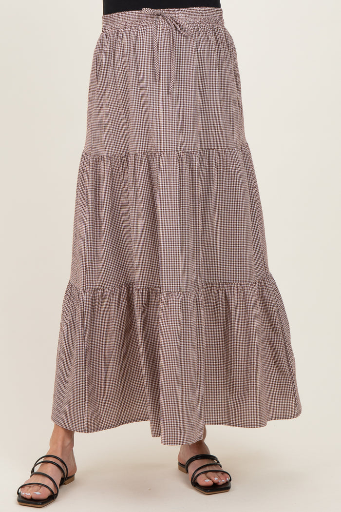 Brown Gingham Tiered Maternity Maxi Skirt