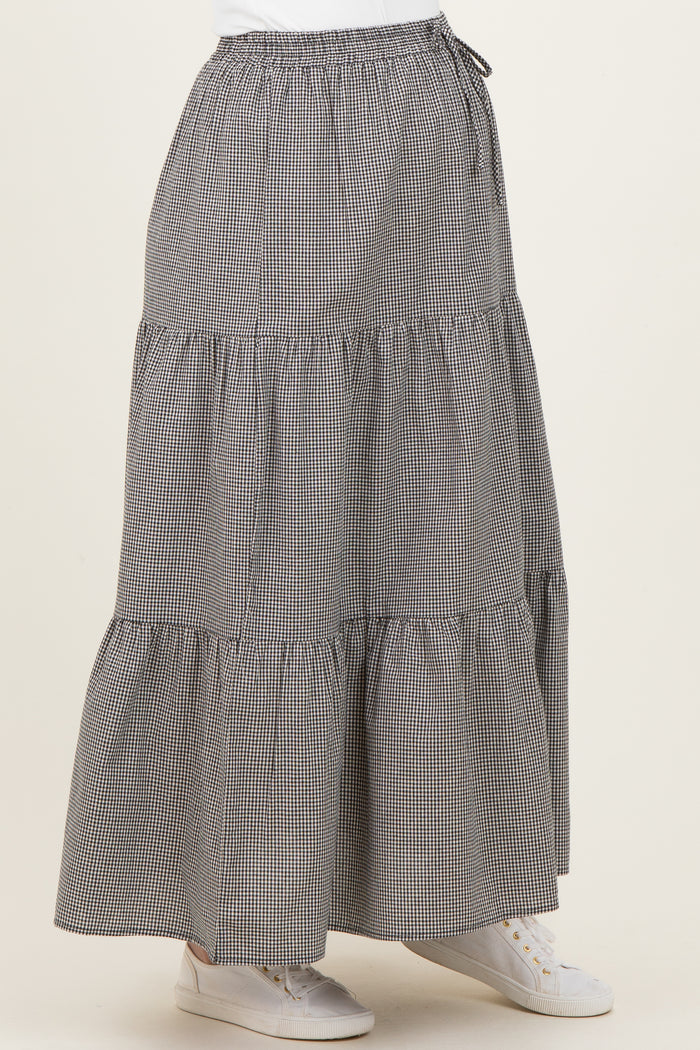 maternity wear black and white checked tiered maxi skirt with an elastic waistband and drawstring detail