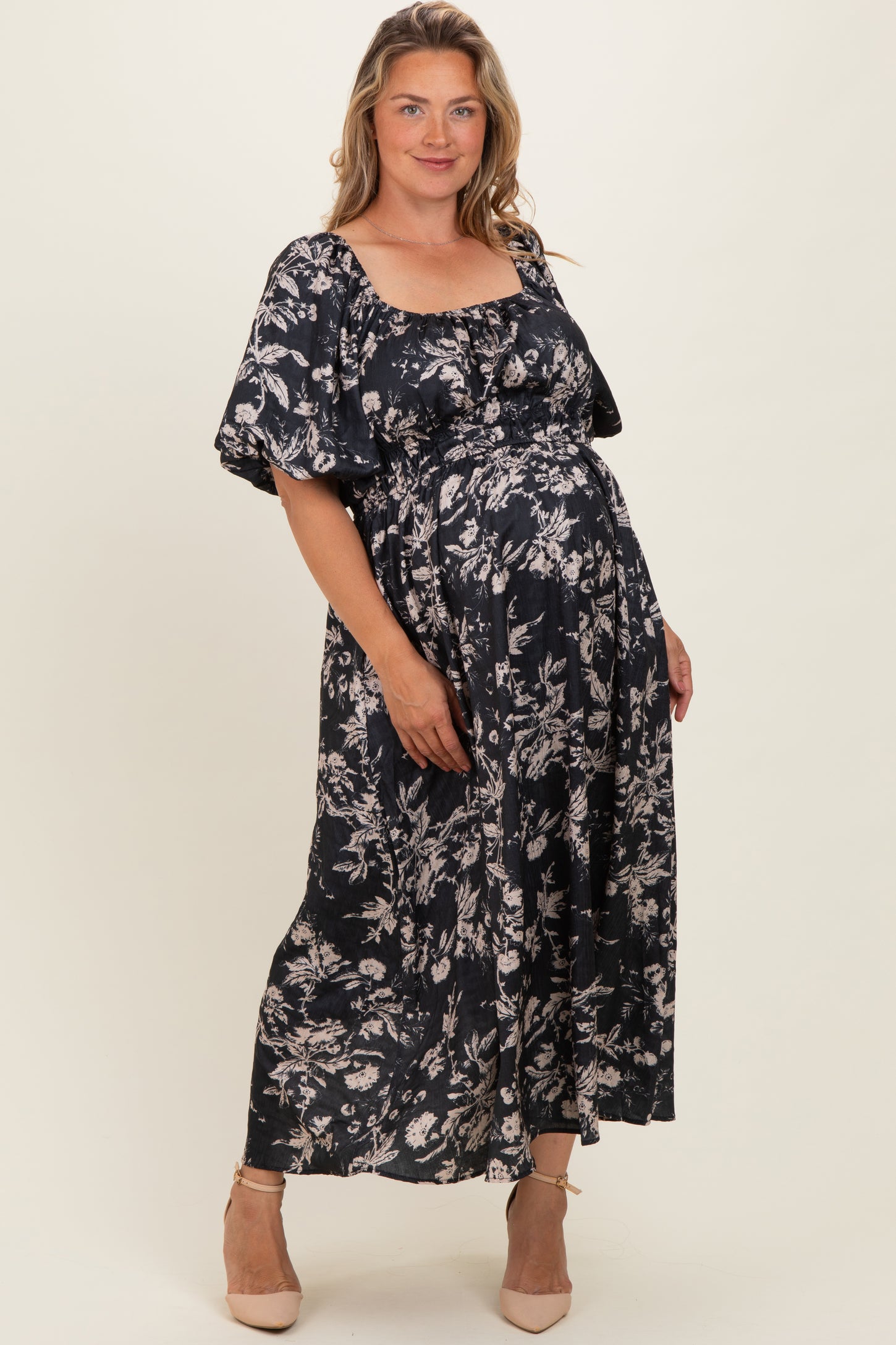 Black Floral Puff Sleeve Smocked Waist Maternity Plus Midi Dress