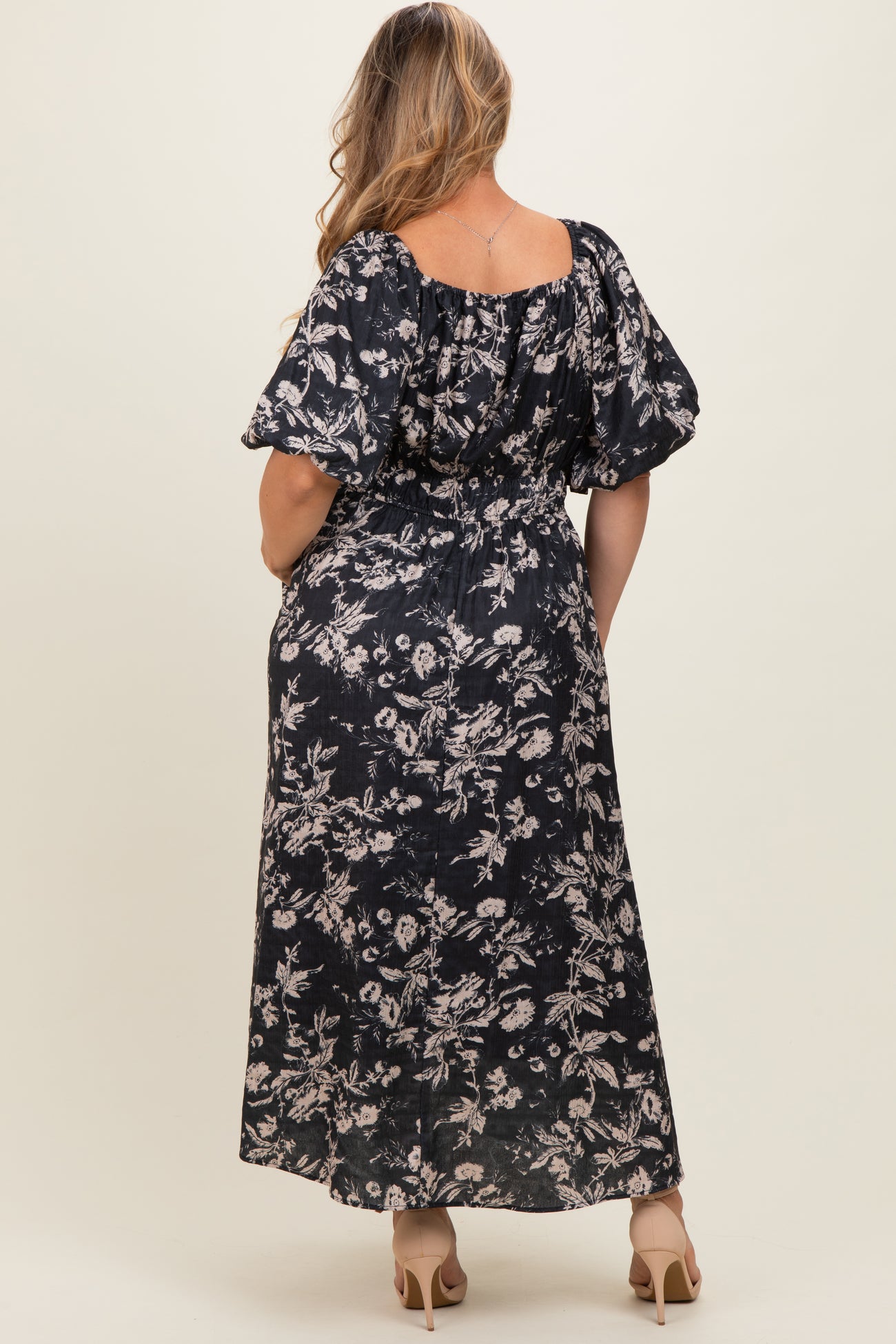 Black Floral Puff Sleeve Smocked Waist Maternity Plus Midi Dress