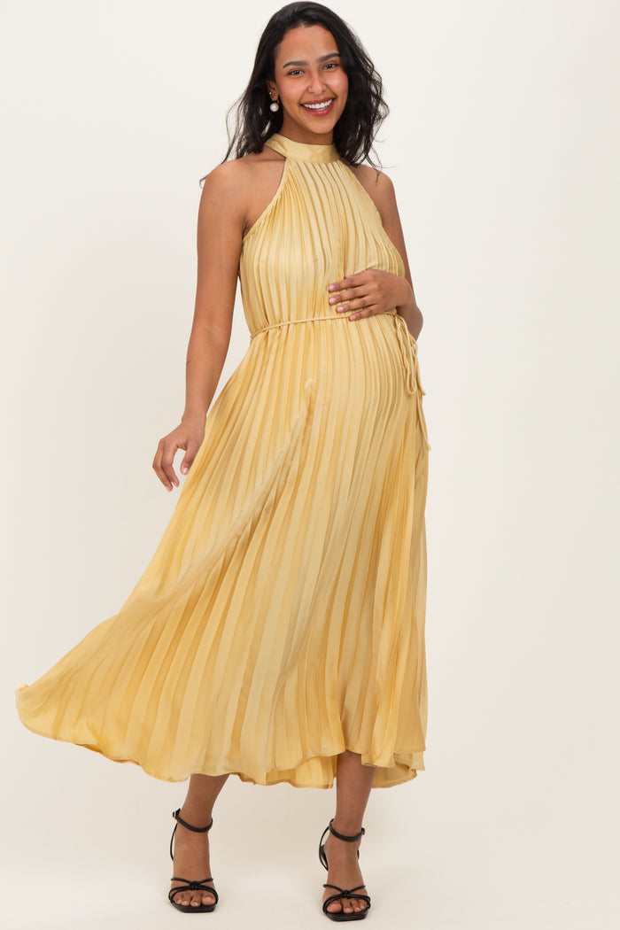 Yellow Pleated Maternity Halter Dress