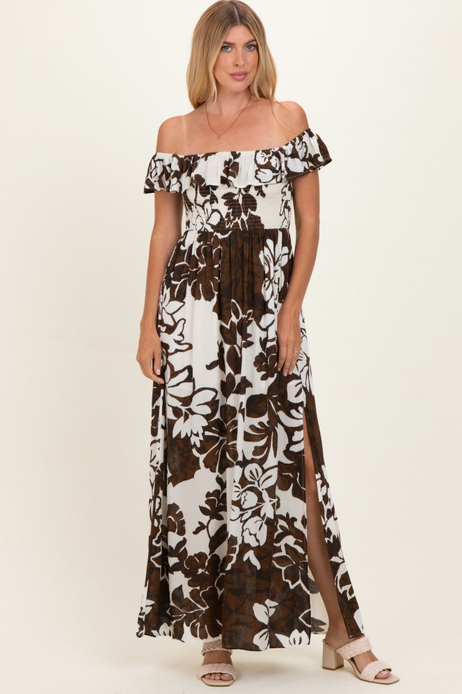 Brown Floral Ruffle Off Shoulder Maxi Dress