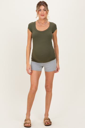 Olive Ribbed Rounded Square Neck Maternity Top