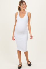 White Ribbed Knit V-Neck Maternity Tank Dress
