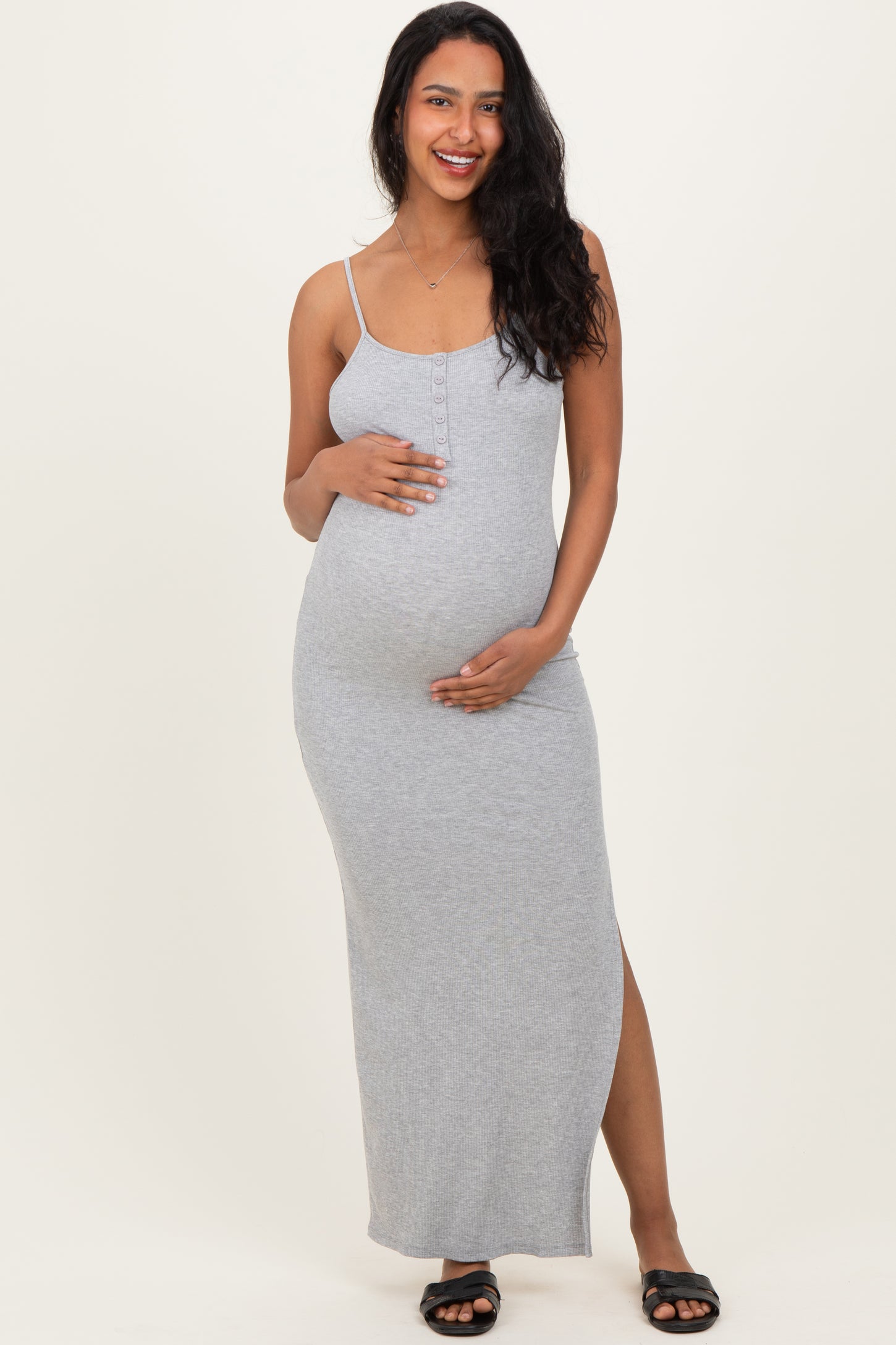 Heather Grey Button Detail Sleeveless High Slit Maternity Maxi Dress