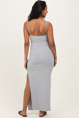 Heather Grey Button Detail Sleeveless High Slit Maternity Maxi Dress
