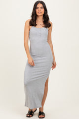 Heather Grey Button Detail Sleeveless High Slit Maternity Maxi Dress