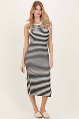 Black Striped Knit Side Slit Maternity Tank Dress
