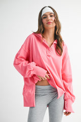 Bright Pink Snap Button Pullover Henley Maternity Sweatshirt