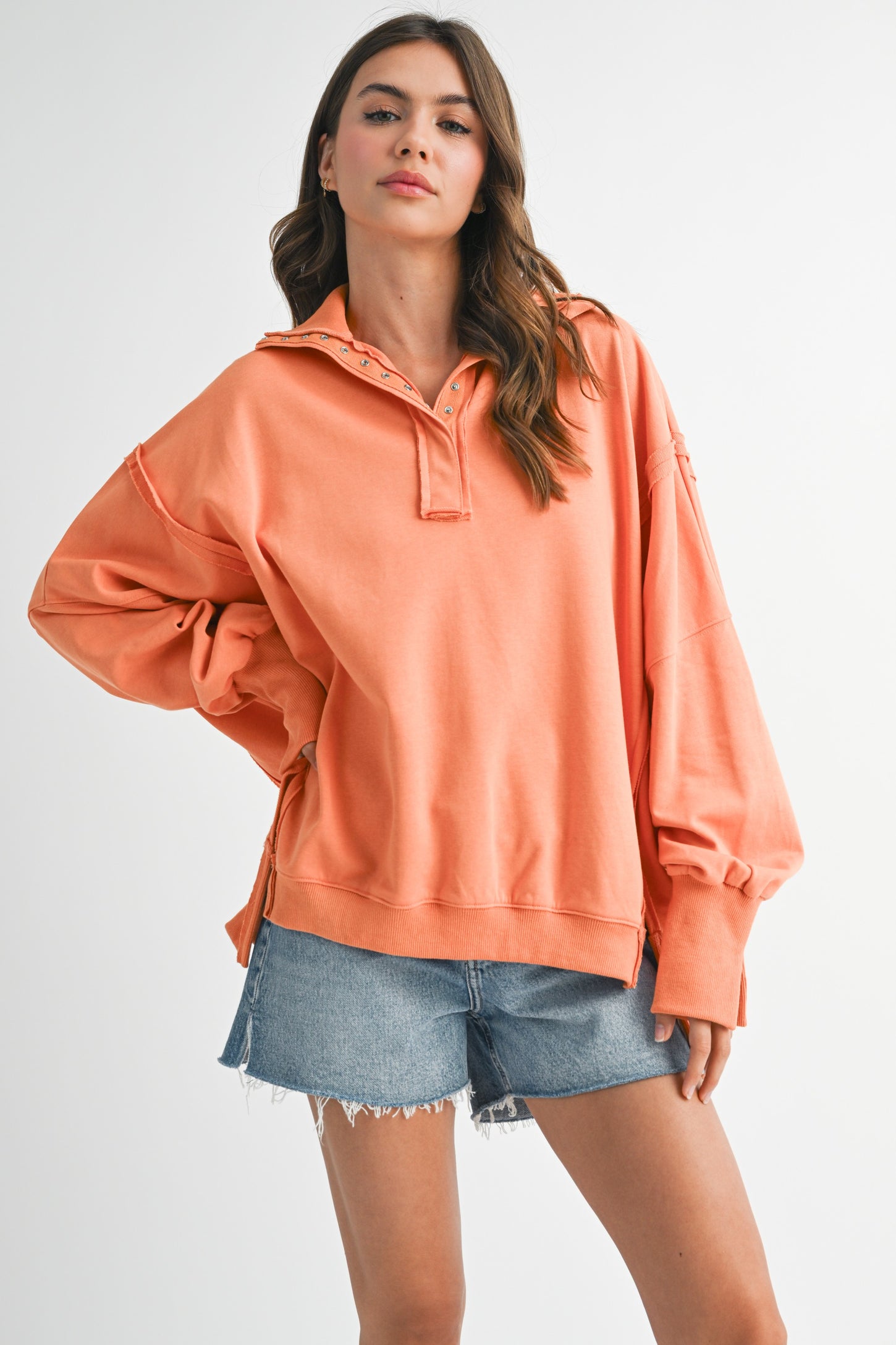 Orange Snap Button Pullover Henley Maternity Sweatshirt