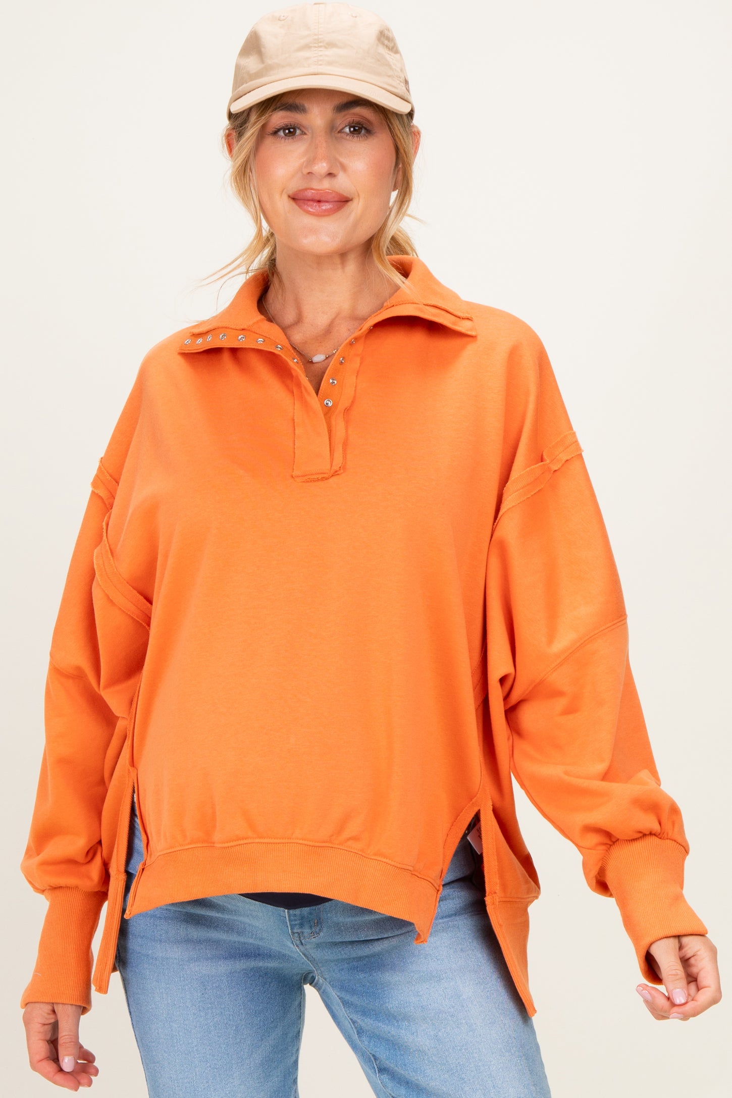 Orange Snap Button Pullover Henley Maternity Sweatshirt