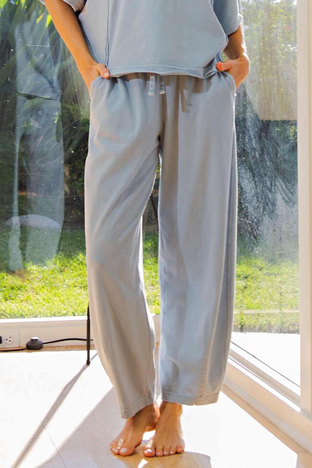 Light Blue Mineral Wash Barrel Leg Lounge Pants