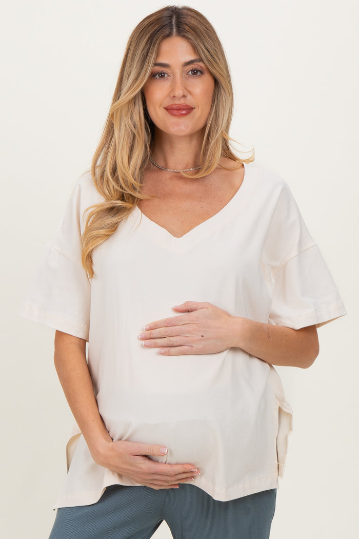 Ivory Oversized Reversible V-Neck Maternity Tee