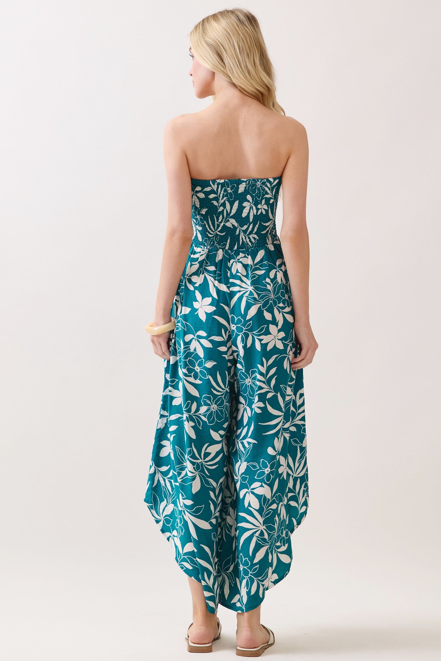 Teal Floral Strapless Smocked Tulip Leg Jumpsuit